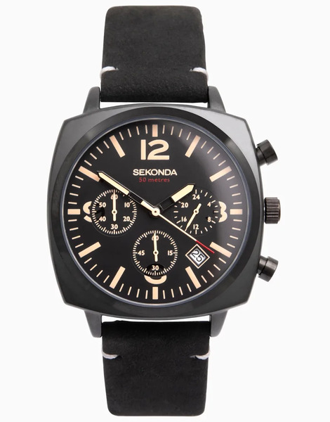  Sekonda Mens Airborne 40mm Chronograph Watch With Black Alloy Tv Case, Black Leather Strap And Black Dial 