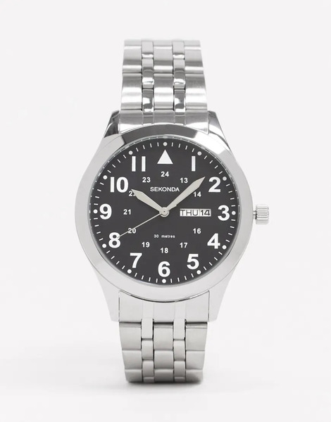  Sekonda Mens Glide 40mm Analogue Watch With Silver Stainless Steel Round Case, Silver Stainless Steel Bracelet And Black Dial 