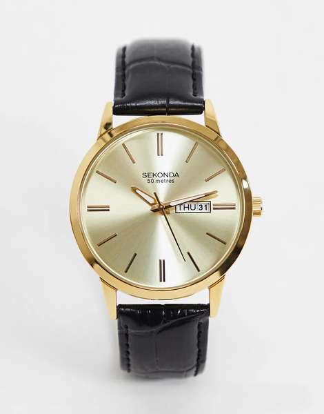  Sekonda Mens Jackson 40mm Analogue Watch With Gold Alloy Round Case, Black Leather Strap And Gold Dial 