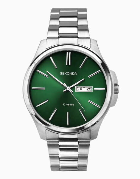  Sekonda Mens Jones 41mm Analogue Watch With Silver Stainless Steel Round Case, Silver Stainless Steel Bracelet And Green Dial 
