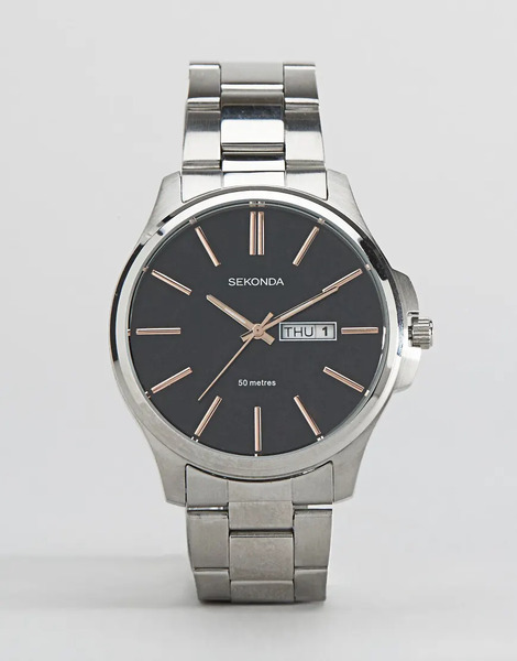  Sekonda Mens Jones 41mm Analogue Watch With Silver Stainless Steel Round Case, Silver Stainless Steel Bracelet And Black Dial 