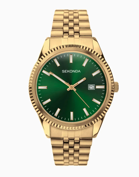  Sekonda Mens King 40mm Analogue Watch With Gold Alloy Round Case, Gold Stainless Steel Bracelet And Green Dial 