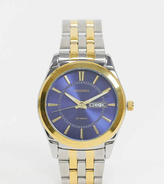  Sekonda Mens Riley 38mm Analogue Watch With Two Tone Alloy Round Case, Two Tone Stainless Steel Bracelet And Blue Dial Silver 