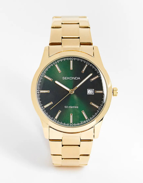  Sekonda Mens Taylor 41mm Analogue Watch With Gold Alloy Round Case, Gold Stainless Steel Bracelet And Green Dial 