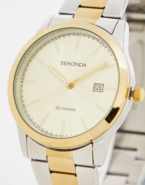  Sekonda Mens Taylor 41mm Analogue Watch With Two Tone Alloy Round Case, Two Tone Stainless Steel Bracelet And Gold Dial 