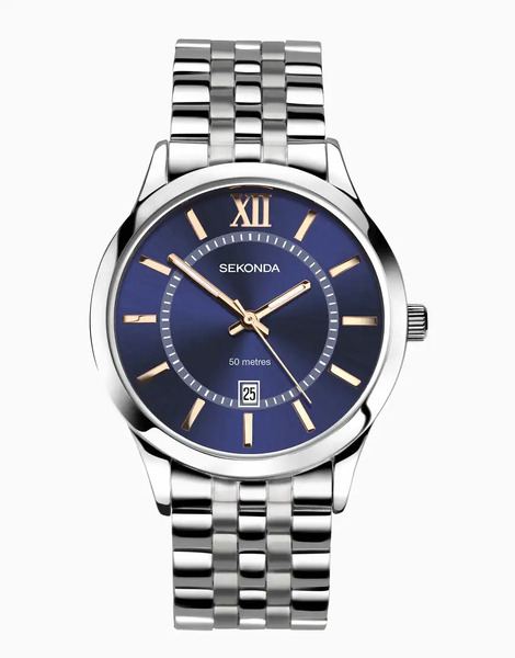  Sekonda Mens Williams 40mm Analogue Watch With Silver Alloy Round Case, Silver Stainless Steel Bracelet And Blue Dial 