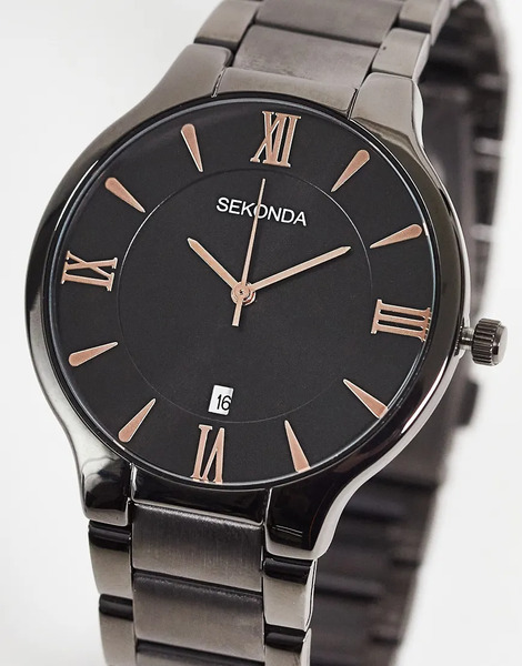  Sekonda Mens Wilson 39mm Analogue Watch With Gun Metal Alloy Round Case, Gun Metal Stainless Steel Bracelet And Black Dial 