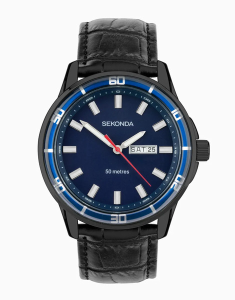  Sekonda Midnight Mens 44mm Analogue Watch With Black Case And Leather Upper Strap With Dark Blue Dial 