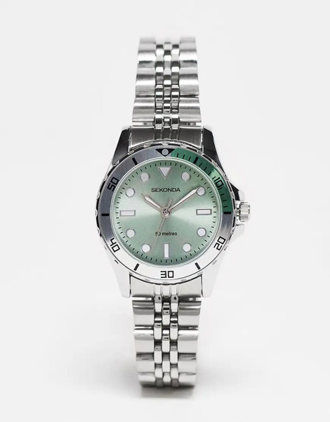  Sekonda Womens Balearic 33mm Analogue Watch With Silver Alloy Round Case, Silver Stainless Steel Bracelet And Light Green Dial 