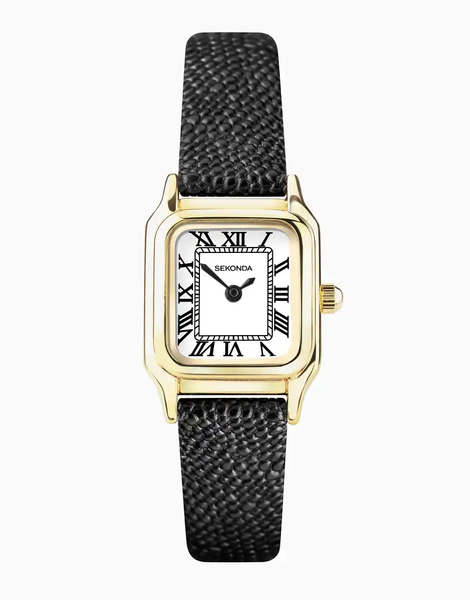  Sekonda Womens Monica 20mm Analogue Watch With Gold Alloy Rectangular Case, Black Leather Strap And White Dial 