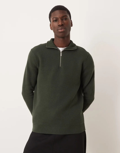  Selected 100% Cotton Knitted Half Zip In Dark Green 