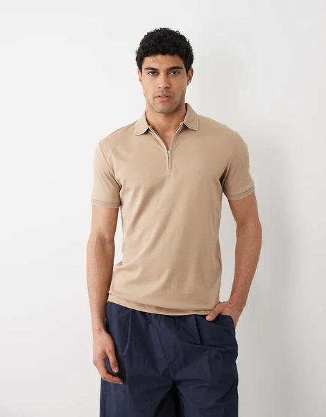  Selected Half Zip Polo In Beige Brown 