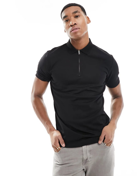  Selected Half Zip Polo Shirt In Black 