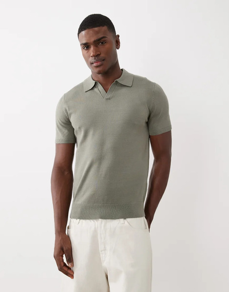  Selected Knit Split Neck Polo In Sage Green 