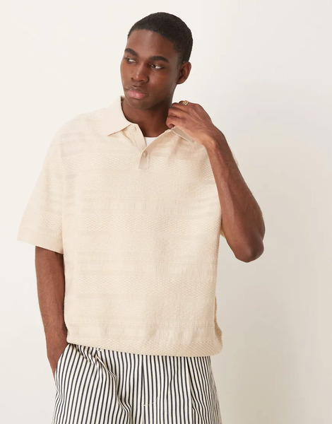  Selected Knitted Texture Polo In Cream White 