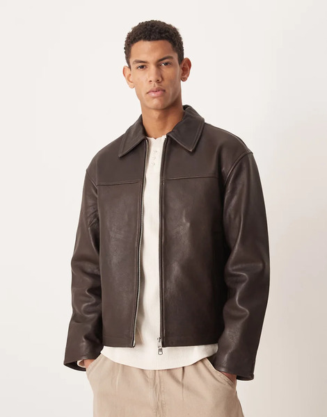  Selected Leather Zip Jacket In Brown 