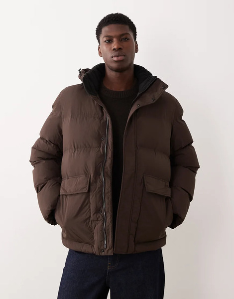  Selected Nylon Puffer Jacket In Brown 