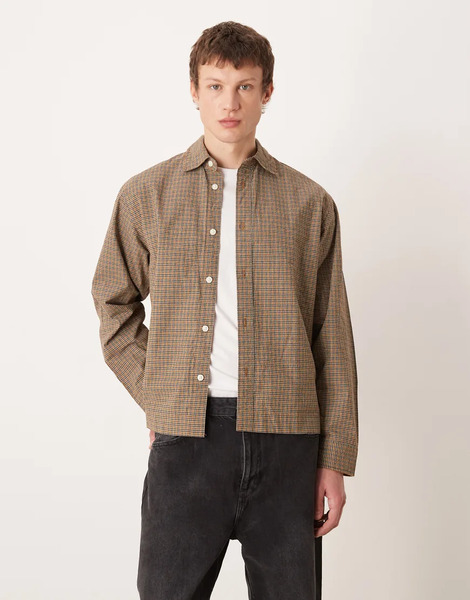  Selected Oversized Boxy Check Shirt In Brown 