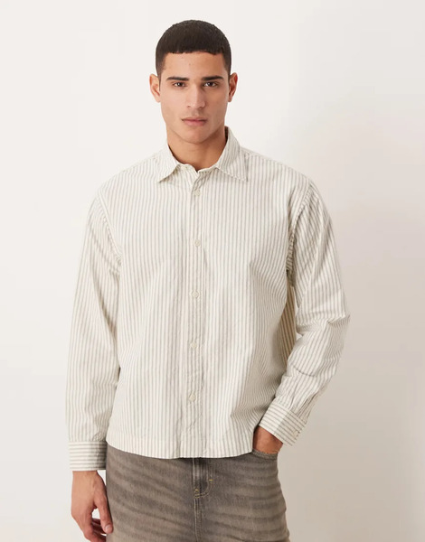  Selected Oversized Boxy Stripe Shirt In Beige Neutral 
