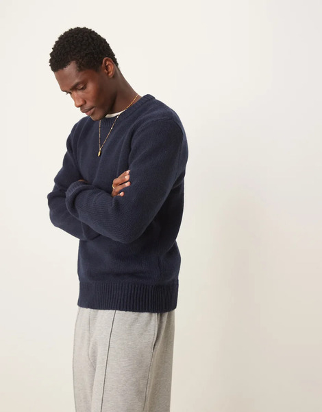  Selected Oversized Crew Knitted Jumper In Navy 