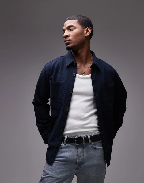 Selected Oversized Shirt With Pockets In Navy 