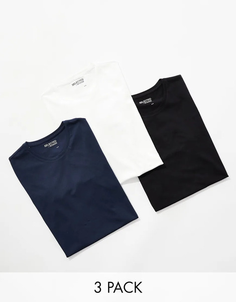  Selected 3 Pack T Shirts In Black White Navy Multi 