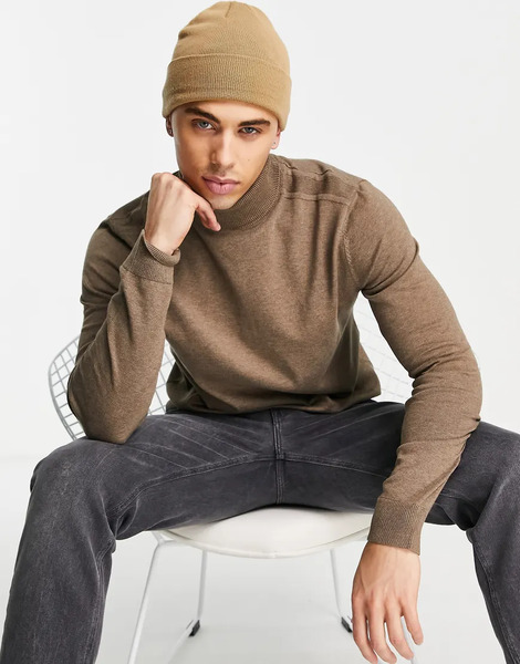  Selected Roll Neck Jumper In Brown Neutral 