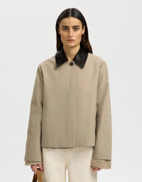  Selected Short Jacket With Contrast Collar In Stone Brown 