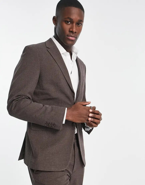  Selected Slim Fit Suit Jacket In Brown Mini Check 