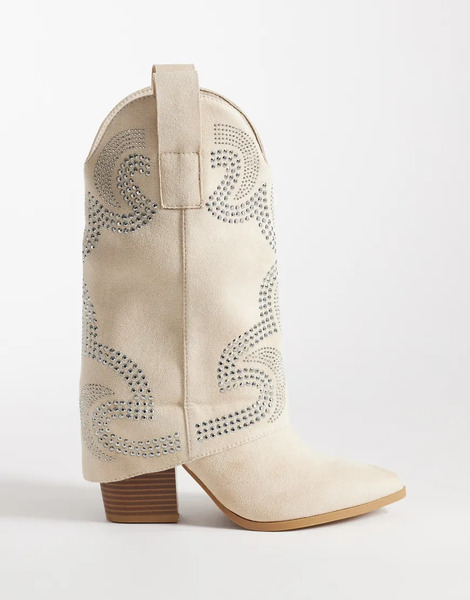  Seqwl Embelished Western Knee Boots In Cream Micro White 