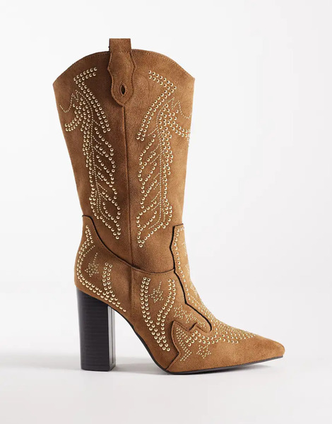  Seqwl Embelished Western Knee Boots In Tan Micro Brown 