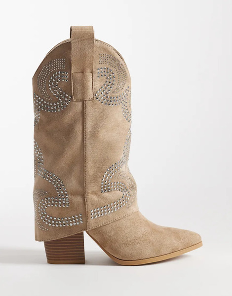  Seqwl Embelished Western Knee Boots In Taupe Micro Neutral 