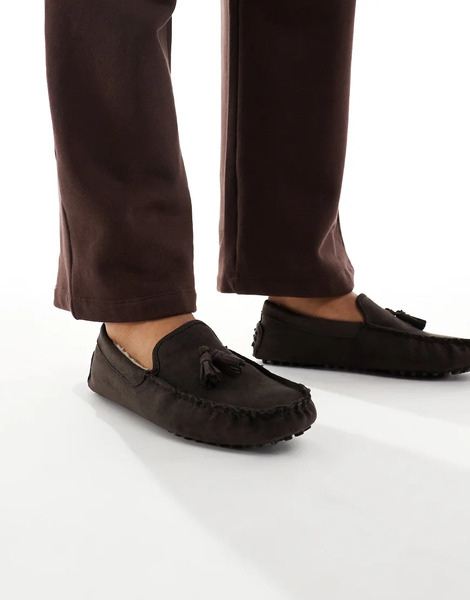  Seqwl Fur Lined Ruched Moccasins In Chocolate Brown 
