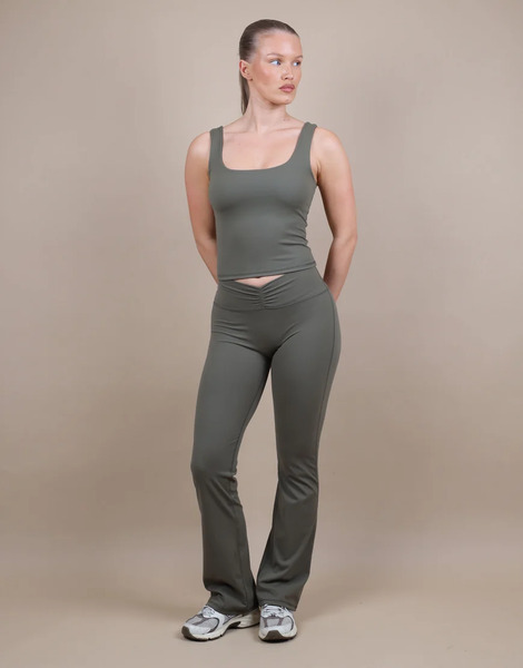  Simmi London Soft Touch Ruched Front Flared Leggings In Olive Green 