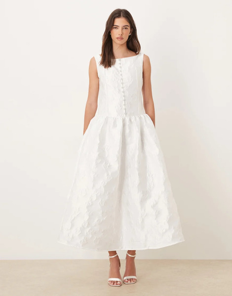  Dream Sister Jane Exclusive Bridal Jacquard Boat Neck Pearl Button Through Maxi Dress In Ivory White 