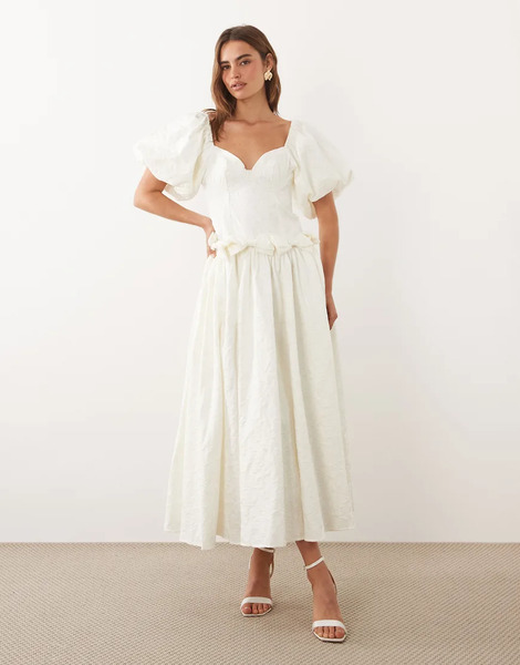  Dream Sister Jane Mora Jacquard Sweetheart Neckline Puff Sleeve Bow Detail Maxi Dress In Ivory White 