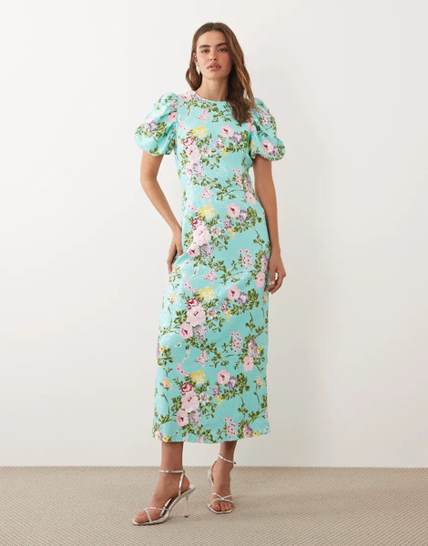  Dream Sister Jane Stella Sequin Embellished Puff Sleeve Round Neck Maxi Dress In Turquoise Floral Multi 