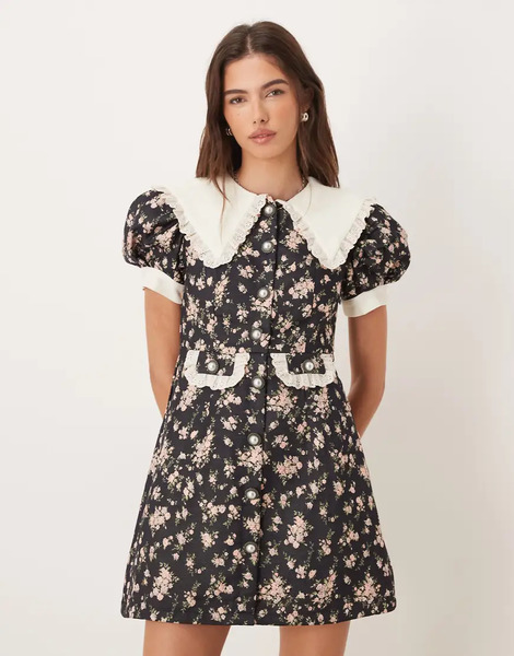  Sister Jane Eclipse Exclusive Contrast Collar Ditsy Floral Button Front Mini Dress In Black Floral Print Navy 