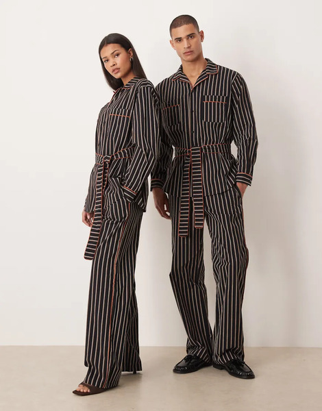  Sister Jane Unisex Pure Cotton Contrast Piping Elasticated Waist Trousers Co Ord In Navy And Black Stripe 