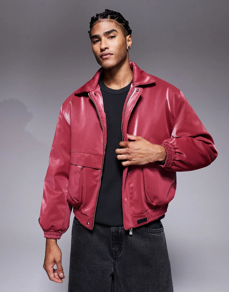  Sixth June Faux Leather Panelled Jacket In Burgundy Red 