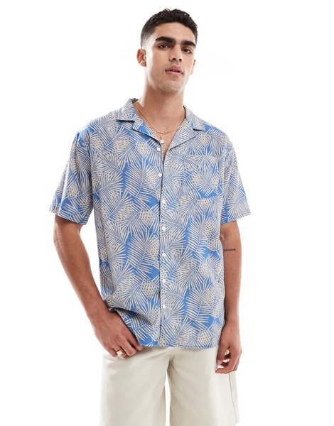  Sol Beach Palm Print Linen Beach Shirt In Light Blue 