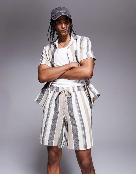  South Beach Drawstring Textured Beach Shorts In Multi Stripe 