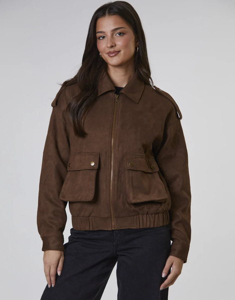  South Beach Faux Suede Bomber Jacket In Tan Neutral 