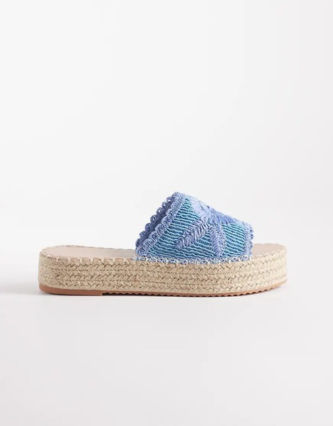  South Beach Platform Sandals In Blue Raffia 