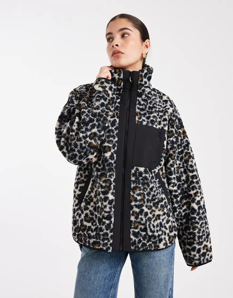  South Beach Printed Borg Zip Jacket With Pocket In Leopard Multi 