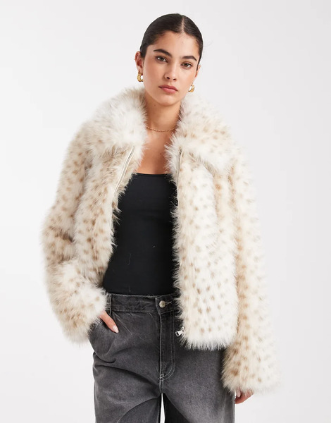  South Beach Printed Faux Fur Zip Jacket In Multi 