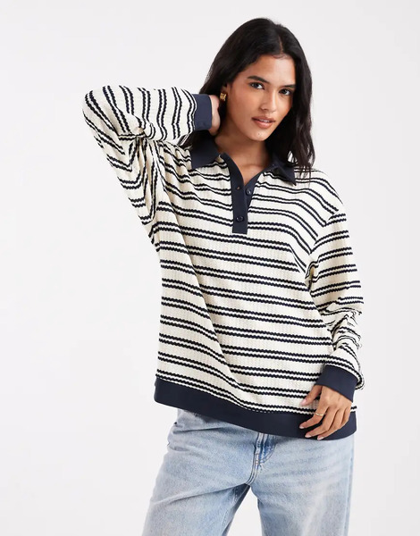  South Beach Stripe Knitted Rubgy Tee In Navy 