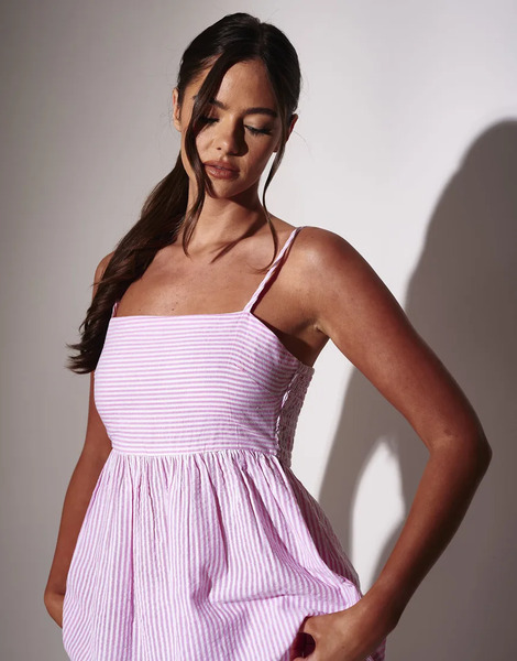  South Beach Striped Tie Shoulder Peplum Top In Pink 
