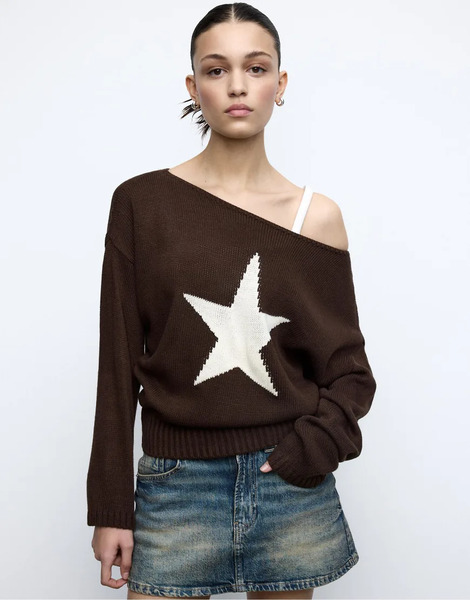  Stradivarius Asymmetric Star Knitted Jumper In Brown 