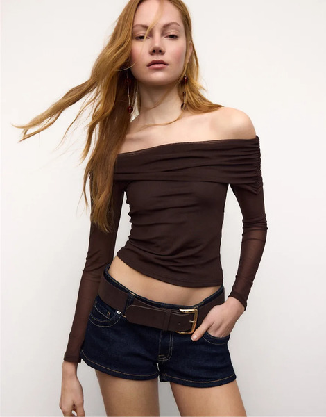  Stradivarius Asymmetric Tulle Top In Brown 
